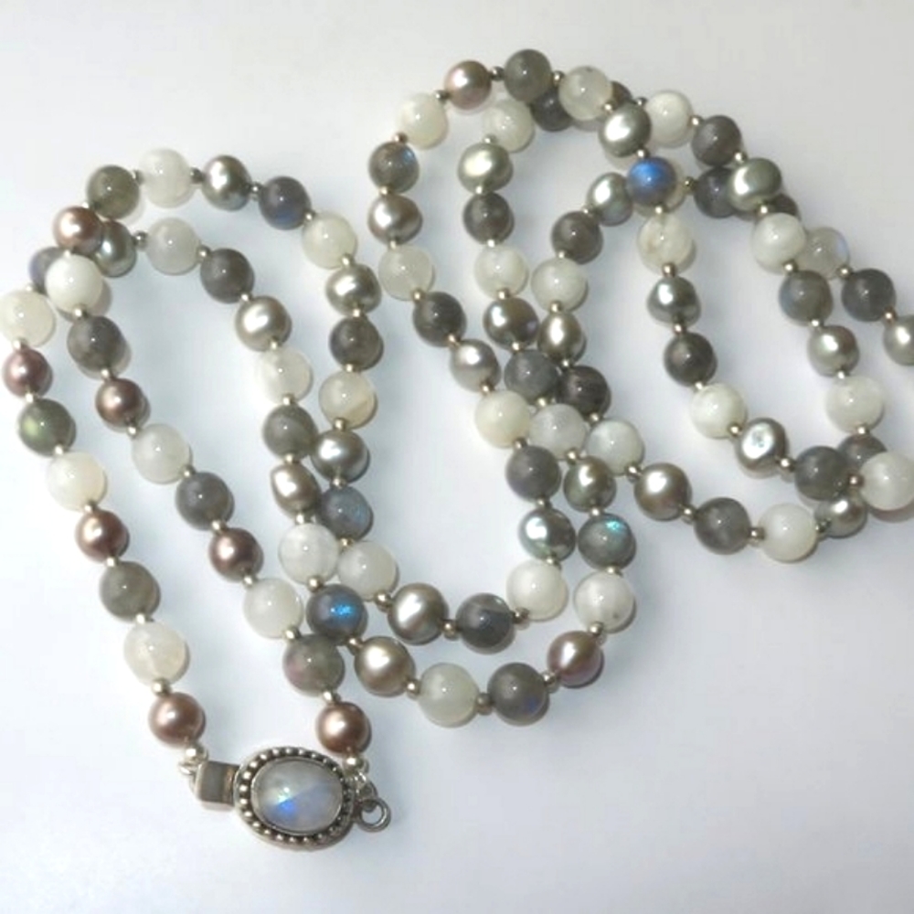 Stunning Extra LONG Moonstone Labradorite Pearl Sterling Silver Necklace